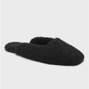Banana Republic Black Sherpa Faux Fur Squared Toe Flats Slides Indoor Slippers